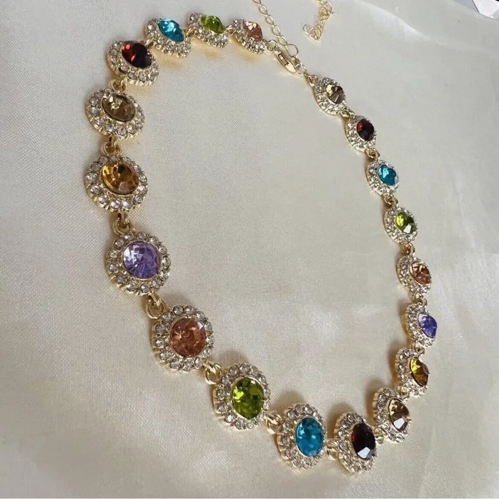 14K Gold Plated Rhinestones Multicolor Necklace Stainless Steel Jewelry Womens